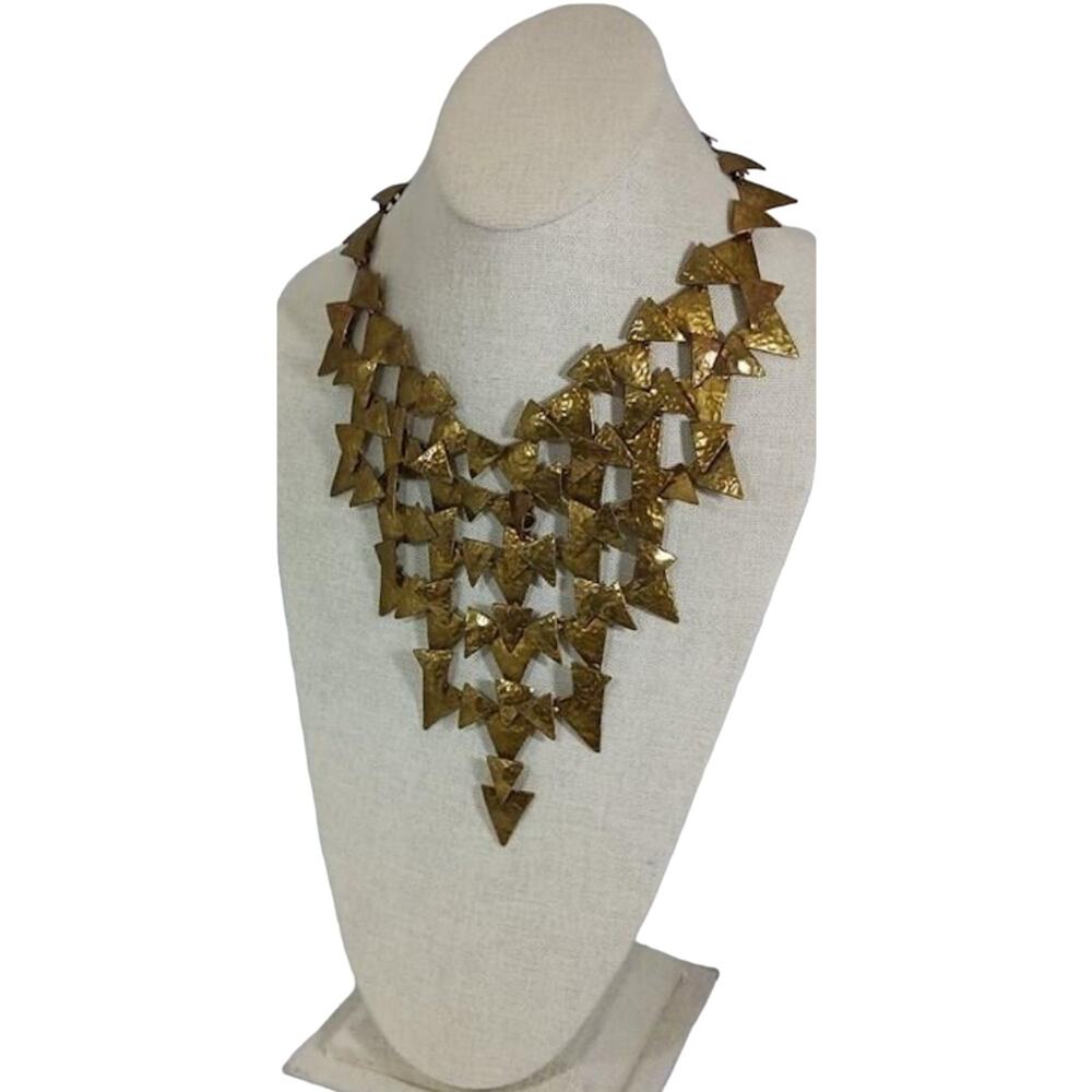 Modernist Brutalist Layered Brasstone Metal Triangle Hammered Statement Necklace